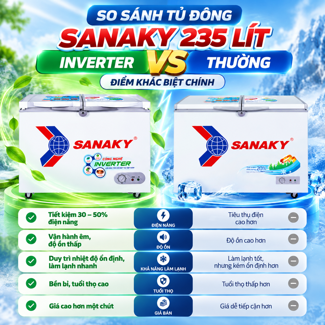 so sánh tủ đông Sanaky 235 lít Inverter và thường – ảnh đại diện