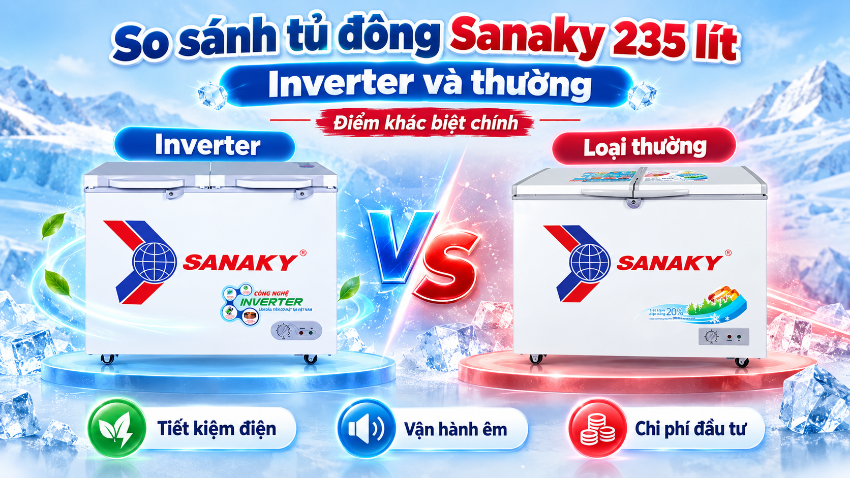 so sánh tủ đông sanaky 230 lít inverter và thường