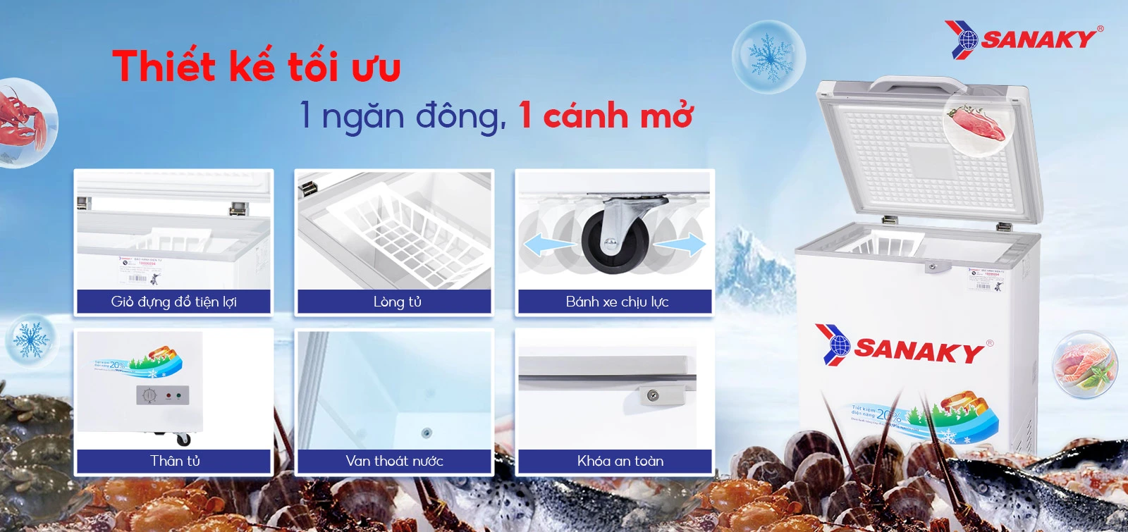 Thiết kế tối ưu 1 ngăn đông 1 cánh mở Tủ đông 100 lít Sanaky VH-1599HY với 1 ngăn đông 1 cánh mở, giỏ đựng đồ, bánh xe, van thoát nước và khóa an toàn
