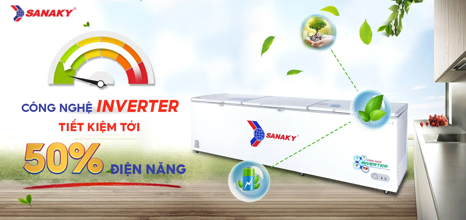 Công nghệ Inverter tiết kiệm tới 50% điện điện năng Tủ đông 1143,5 lít Sanaky Inverter VH-1399HY3 tích hợp công nghệ Inverter