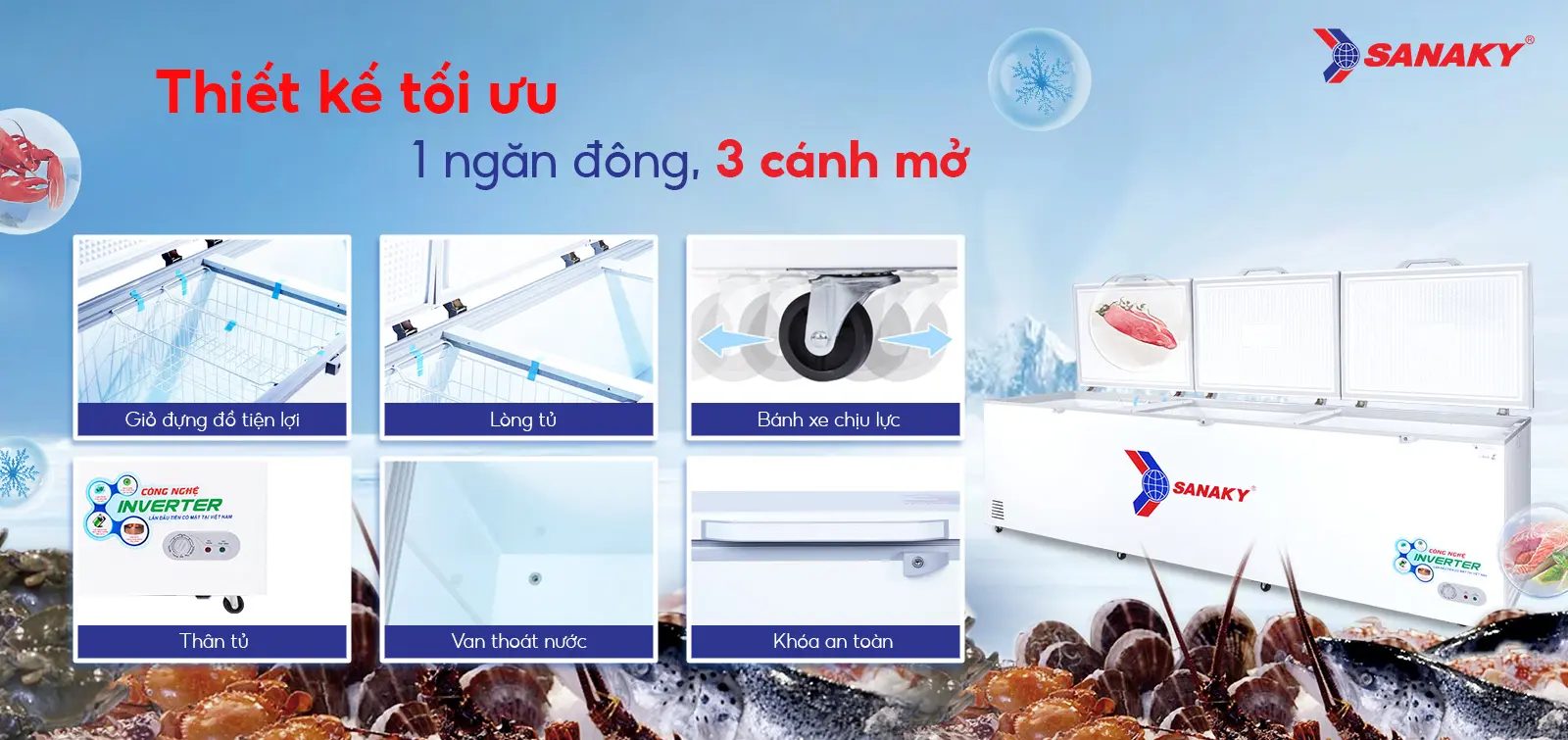 Thiết kế tối ưu 1 ngăn đông 3 cánh mở Tủ đông 1143,5 lít Sanaky Inverter VH-1399HY3 với thiết kế 1 ngăn đông 3 cánh mở