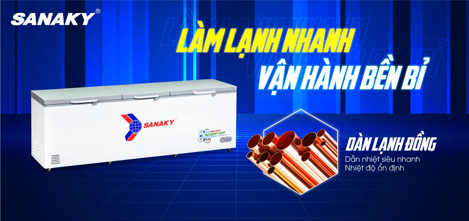 Dàn lạnh bằng đồng kết hợp công nghệ làm lạnh 360 độ Tủ đông 1.143,5 lít Sanaky Inverter VH-1399HY4K với dàn lạnh bằng đồng