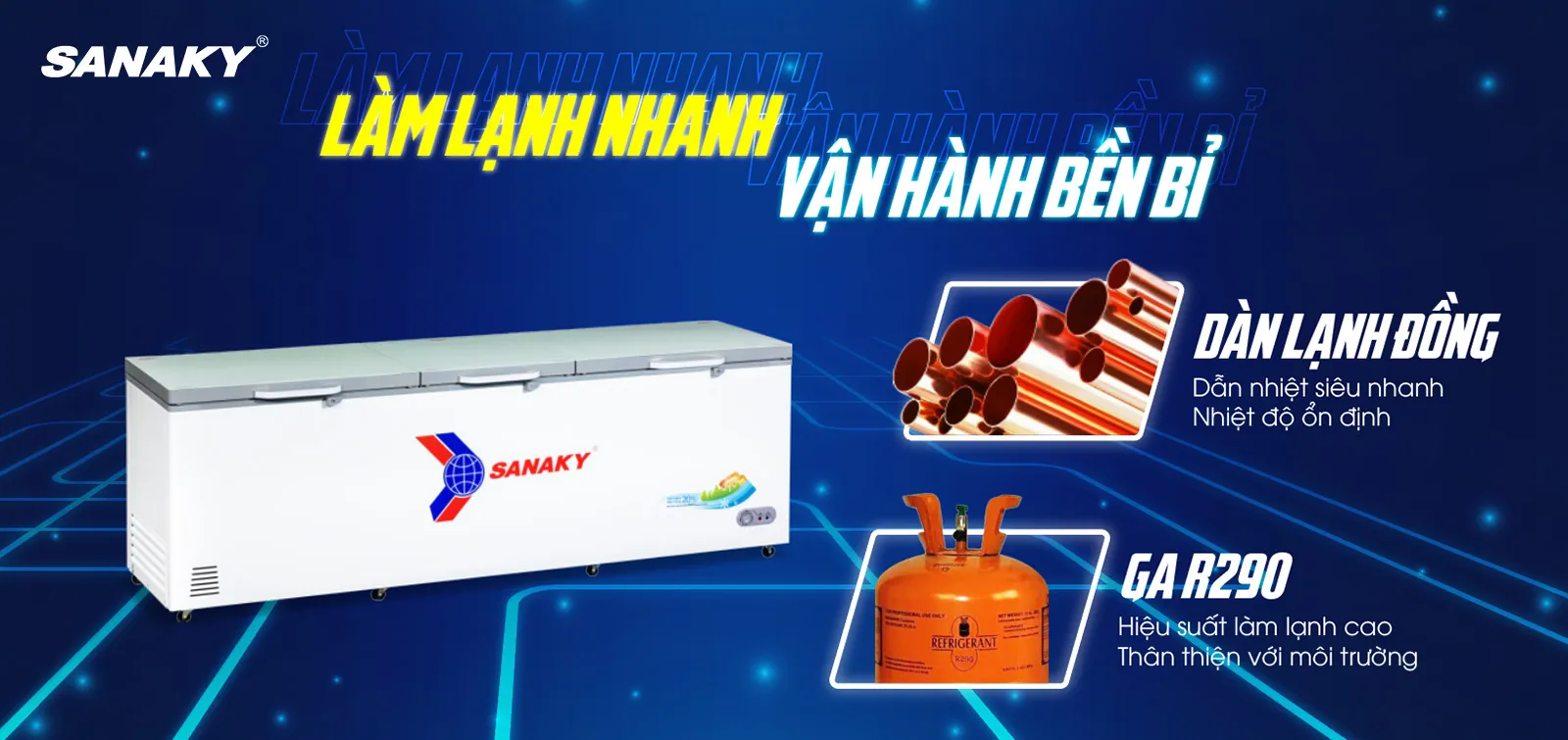 Dàn lạnh bằng đồng kết hợp công nghệ làm lạnh 360 độ Tủ đông 1143,5 lít Sanaky VH-1399HYK với dàn lạnh bằng đồng