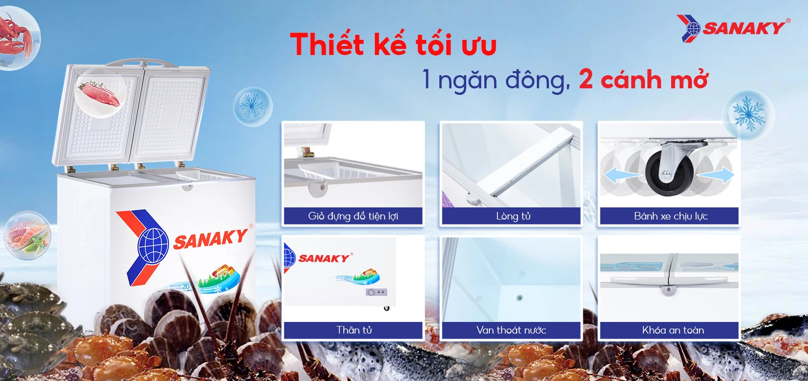 Tủ đông Sanaky VH-2299A1 có thiết kế 1 ngăn đông và 2 cánh mở Tủ đông 175 lít Sanaky VH-2299A1 có thiết kế 1 ngăn đông và 2 cánh mở