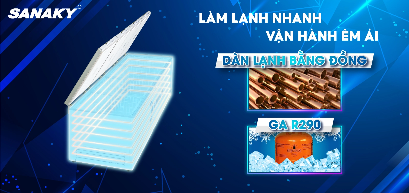 Tủ đông 2000 lít Sanaky Inverter VH-2399HY3 với dàn lạnh bằng đồng và Gas R290