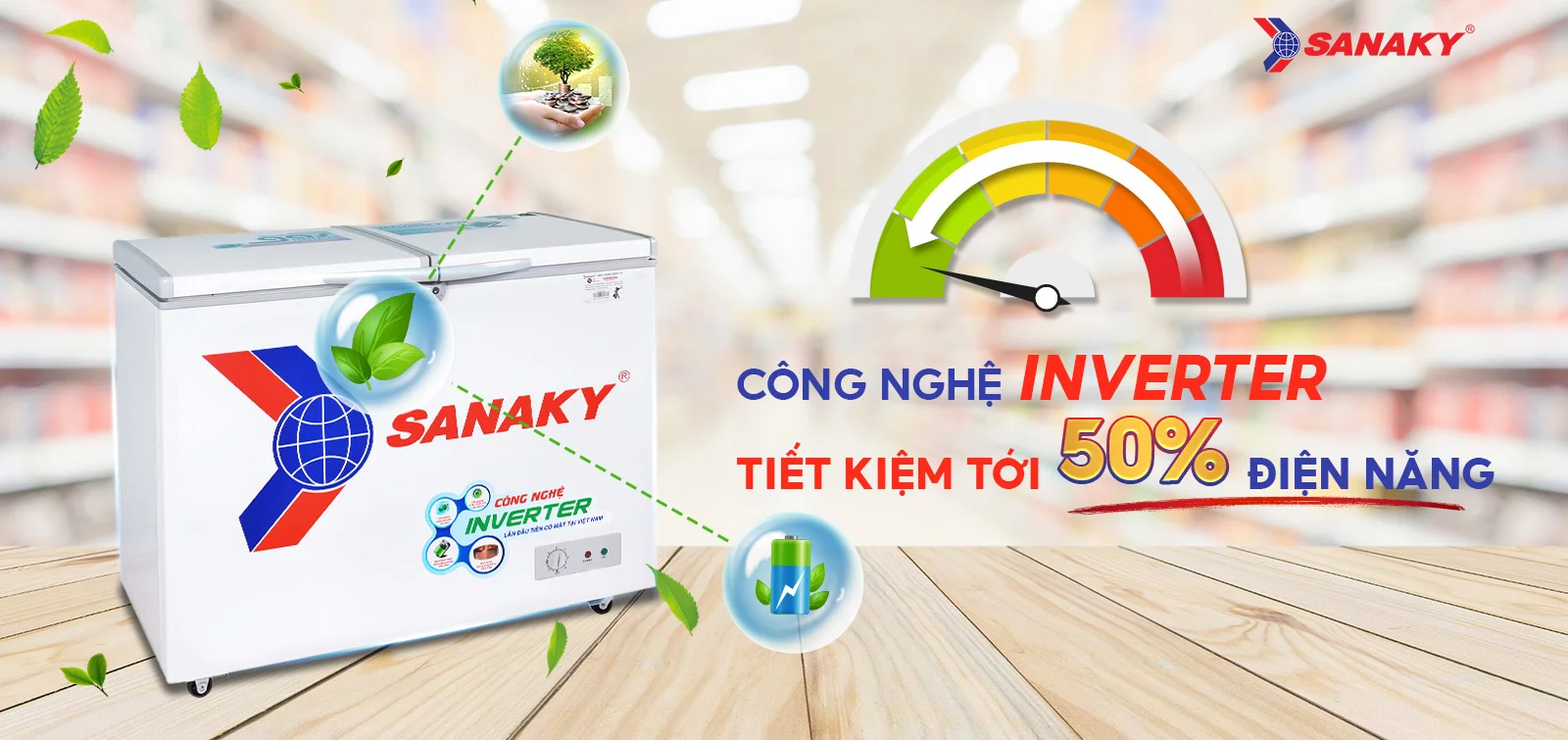 Công nghệ Inverter tiết kiệm tới 50% điện điện năng Tủ đông 208 lít Sanaky Inverter VH-2599A3 tích hợp công nghệ Inverter tiết kiệm điện năng