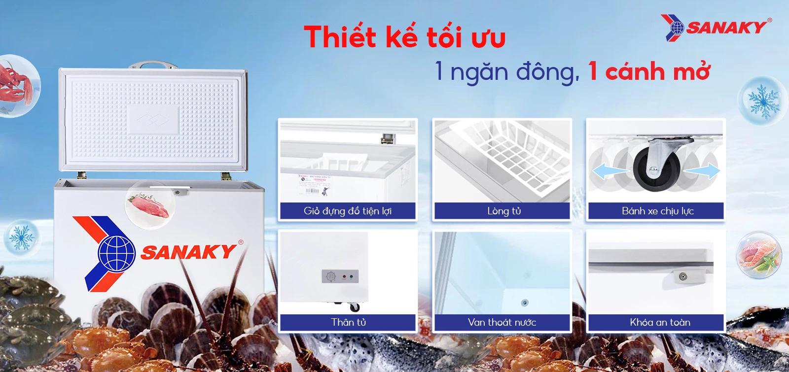 Thiết kế 1 ngăn đông và 1 cánh mở Tủ đông 208 lít Sanaky VH-255HY2 với thiết kế 1 ngăn đông và 1 cánh mở