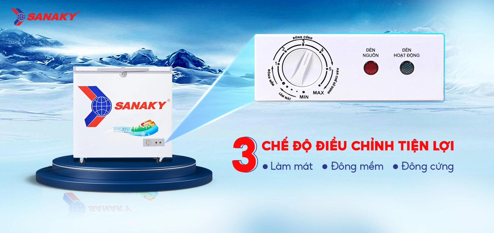 Bảng điều chỉnh 3 chế độ Mát - Đồng mềm - Đông cứng tiện lợi Bảng điều chỉnh 3 chế độ Mát - Đồng mềm - Đông cứng của Tủ đông 208 lít Sanaky VH-2599A1
