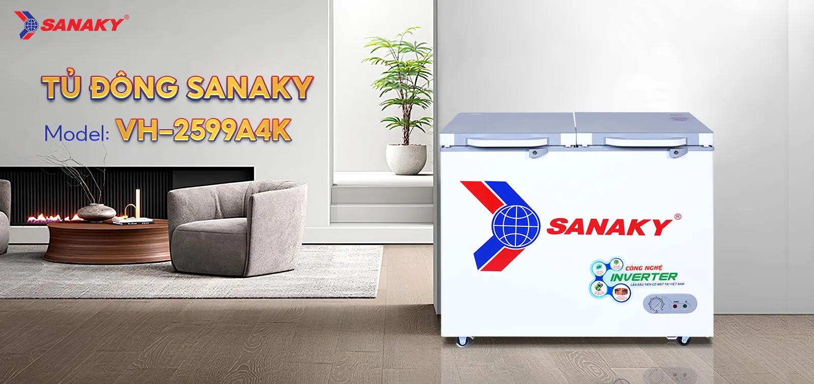 Tủ đông 208l Sanaky Inverter VH-2599A4K thiết kế 2 cánh