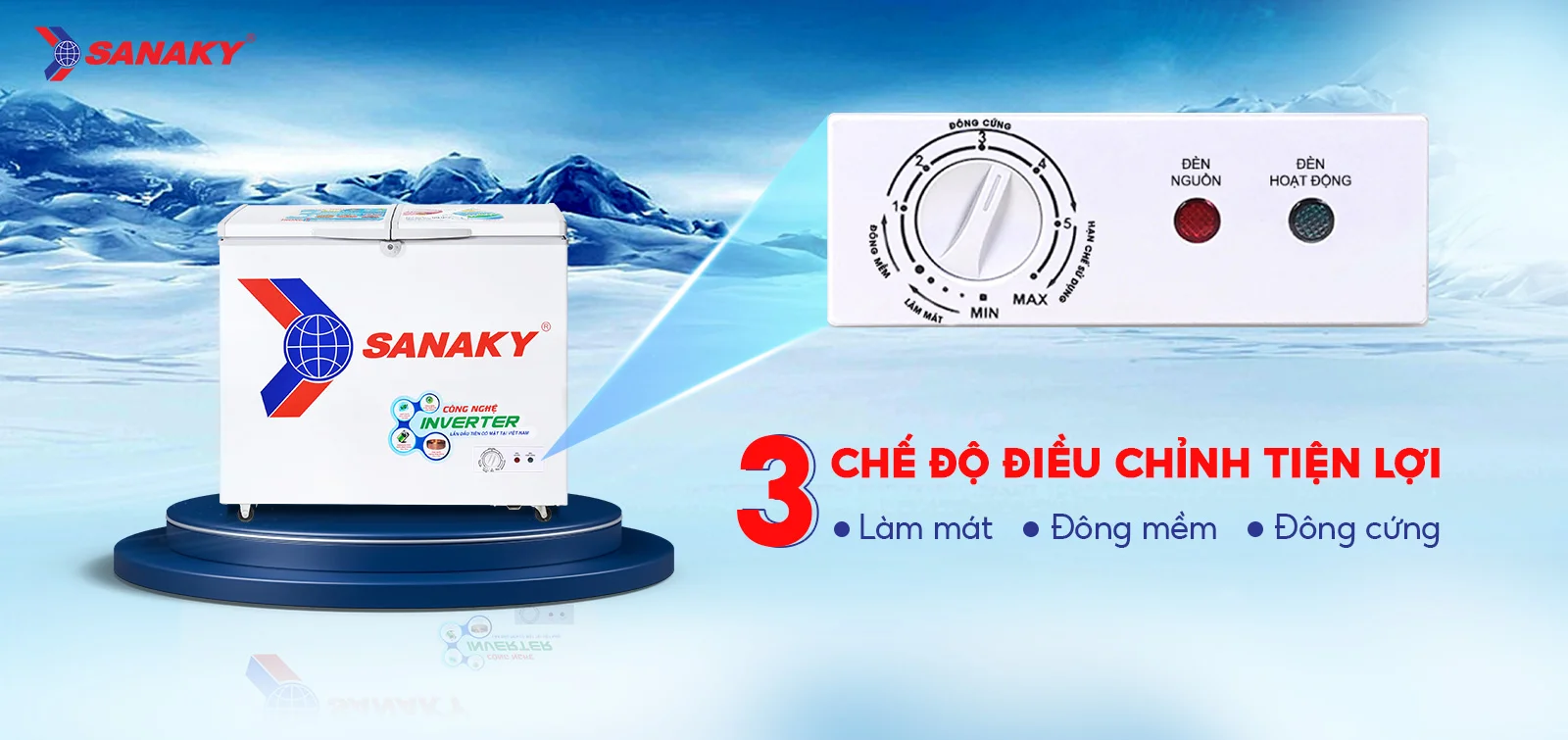 Bảng điều chỉnh 3 chế độ Mát - Đồng mềm - Đông cứng tiện lợi Bảng điều chỉnh 3 chế độ Mát - Đồng mềm - Đông cứng của tủ đông 235 lít Sanaky Inverter VH-2899A3