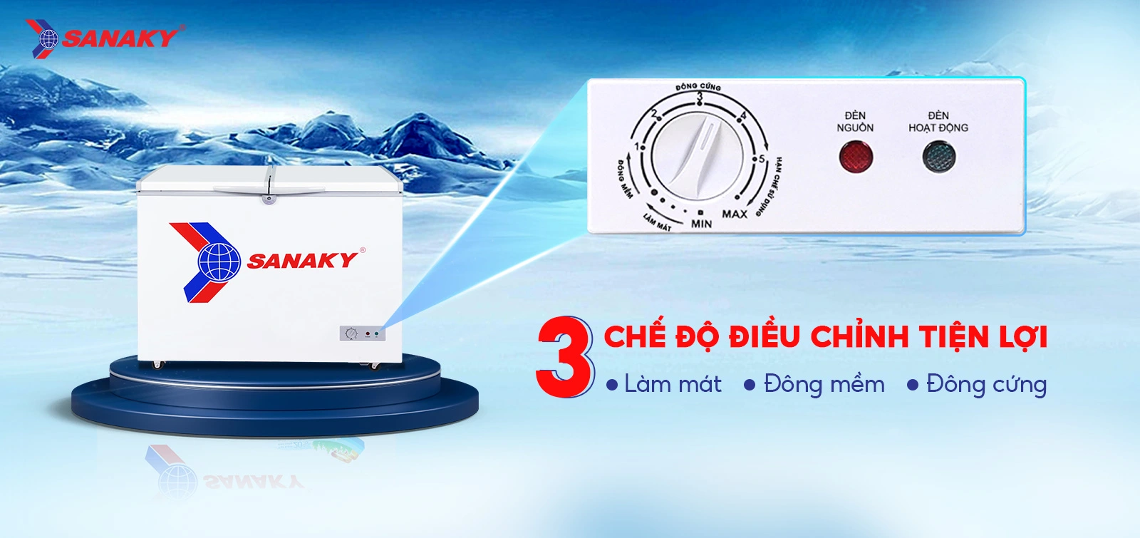 Bảng điều chỉnh 3 chế độ Mát - Đồng mềm - Đông cứng tiện lợi Bảng điều chỉnh 3 chế độ Mát - Đồng mềm - Đông cứng trên Tủ đông 235 lít Sanaky VH-285A2