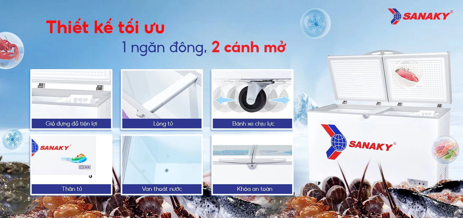 Thiết kế tối ưu 1 ngăn đông 2 cánh mở Tủ đông 235 lít Sanaky VH-285A2 với thiết kế 1 ngăn đông 2 cánh mở