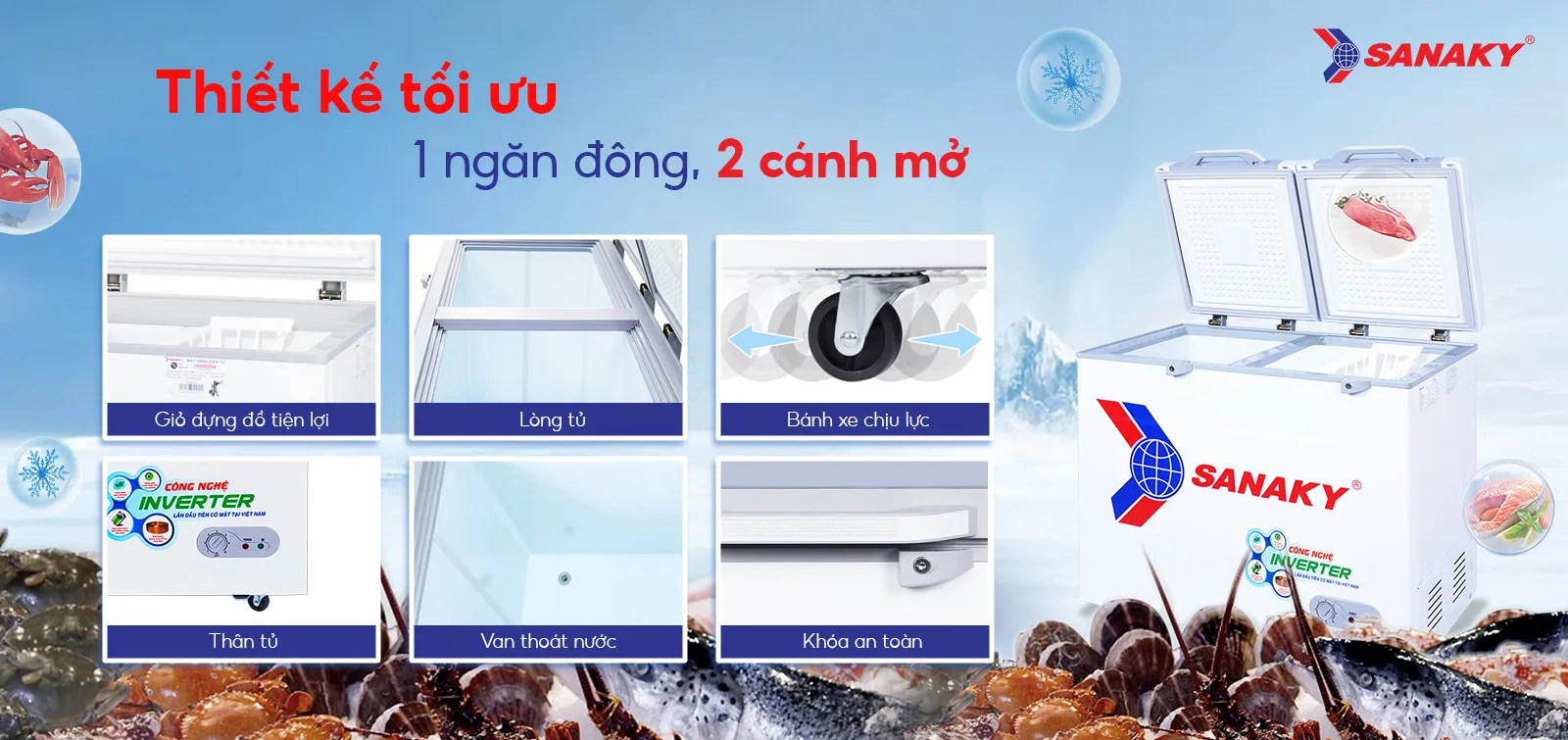 Tủ đông 235L Sanaky Inverter VH-2899A4K thiết kế 1 ngăn đông 2 cánh mở với các tiện ích như giá đỡ, lòng tủ và khóa an toàn