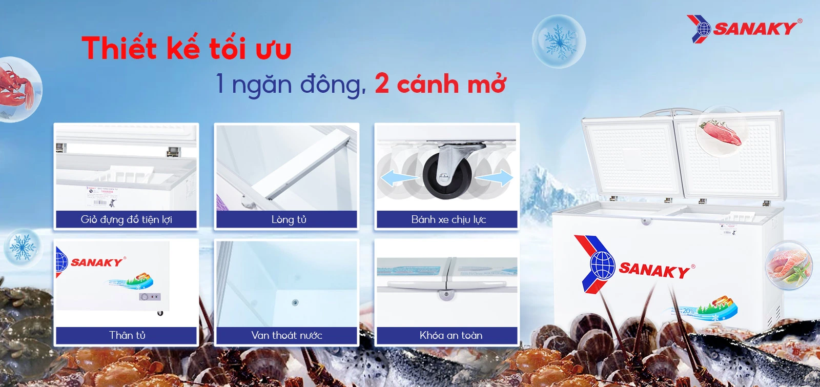 Tủ Đông Sanaky VH-3699A1 có thiết kế 1 ngăn đông và 2 cánh mở Tủ đông 270 lít Sanaky VH-3699A1 có thiết kế 1 ngăn đông và 2 cánh mở