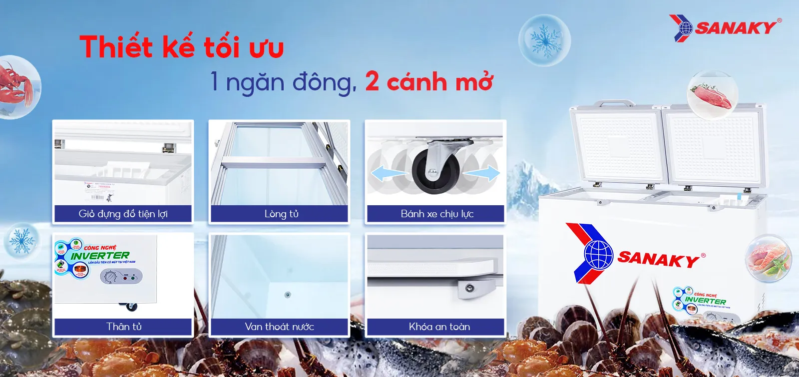 Thiết kế tối ưu 1 ngăn đông 2 cánh mở Tủ Đông 270L Sanaky Inverter VH-3699A4K thiết kế 1 ngăn đông 2 cánh mở