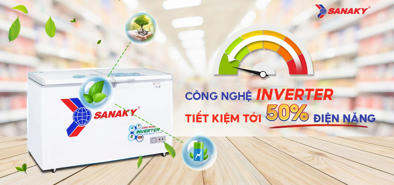Công nghệ Inverter tiết kiệm tới 50% điện điện năng Tủ đông 305 lít Sanaky Inverter VH-4099A3 tích hợp công nghệ Inverter tiết kiệm điện năng