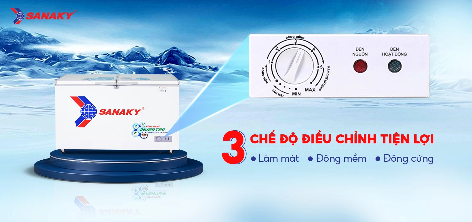 Bảng điều chỉnh 3 chế độ Mát - Đồng mềm - Đông cứng tiện lợi Bảng điều chỉnh 3 chế độ Mát - Đồng mềm - Đông cứng trên Tủ đông 305 lít Sanaky Inverter VH-4099A3