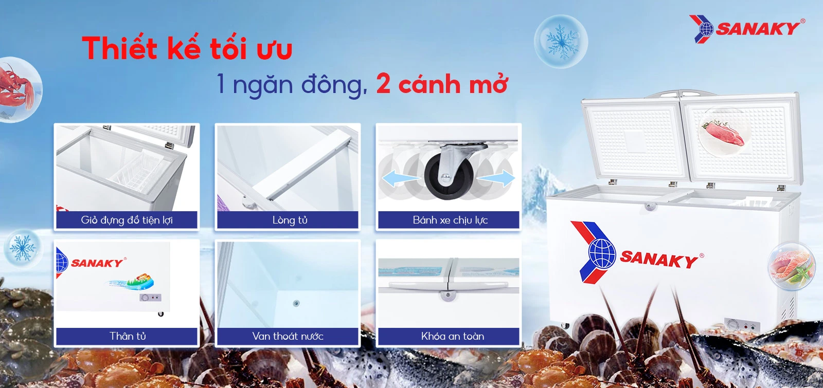 Thiết kế tối ưu 1 ngăn đông 2 cánh mở Tủ đông 305 lít Sanaky VH-405A2 với thiết kế 1 ngăn đông 2 cánh mở