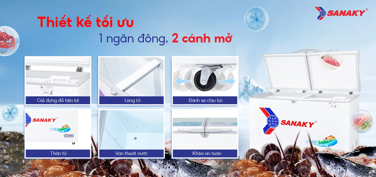 Thiết kế tối ưu 1 ngăn đông 2 cánh mở Tủ đông 305 lít Sanaky VH-4099A1 với thiết kế 1 ngăn đông 2 cánh mở