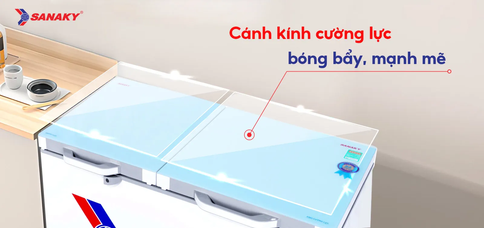 Cánh kính cường lực bóng bẩy mạnh mẽ Cánh kính cường lực bóng bẩy mạnh mẽ của tủ đông 305l Sanaky Inverter VH-4099A4K
