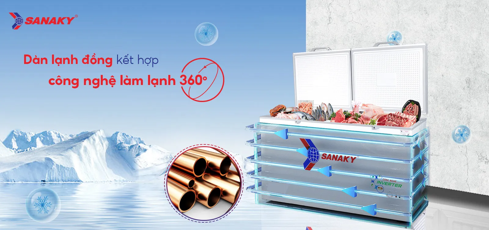 Tủ đông 410 lít Sanaky Inverter VH-5699HY3 với dàn lạnh đồng và công nghệ làm lạnh 360 độ