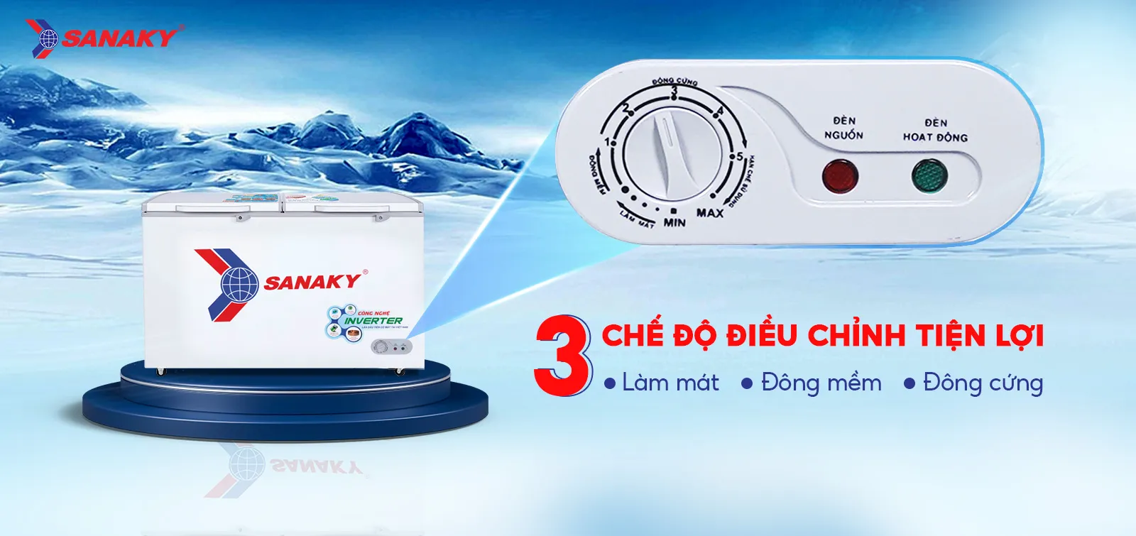 Bảng điều chỉnh 3 chế độ Mát - Đồng mềm - Đông cứng tiện lợi trên Tủ đông 410 lít Sanaky Inverter VH-5699HY3