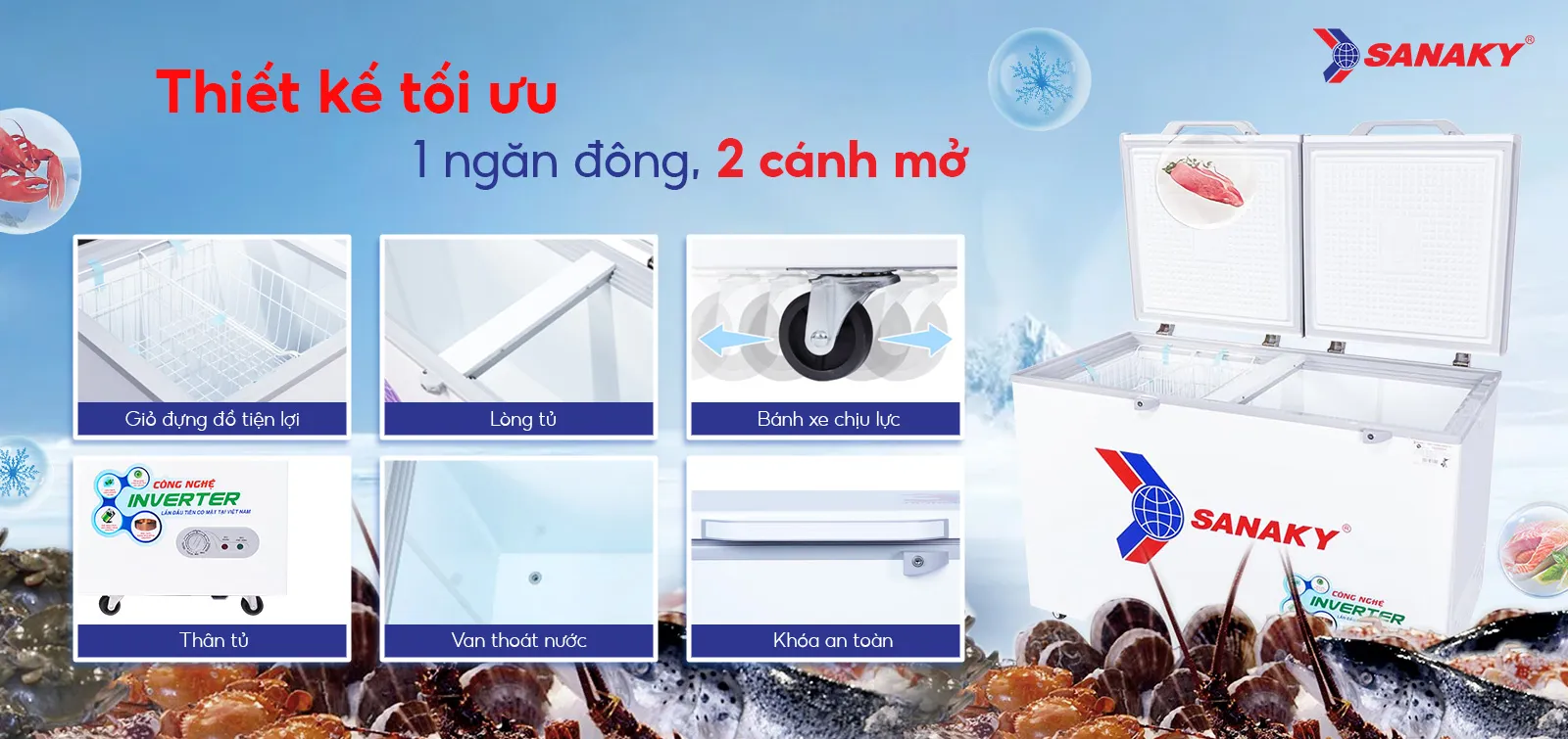 Tủ đông 410 lít Sanaky Inverter VH-5699HY3 thiết kế 1 ngăn đông 2 cánh mở