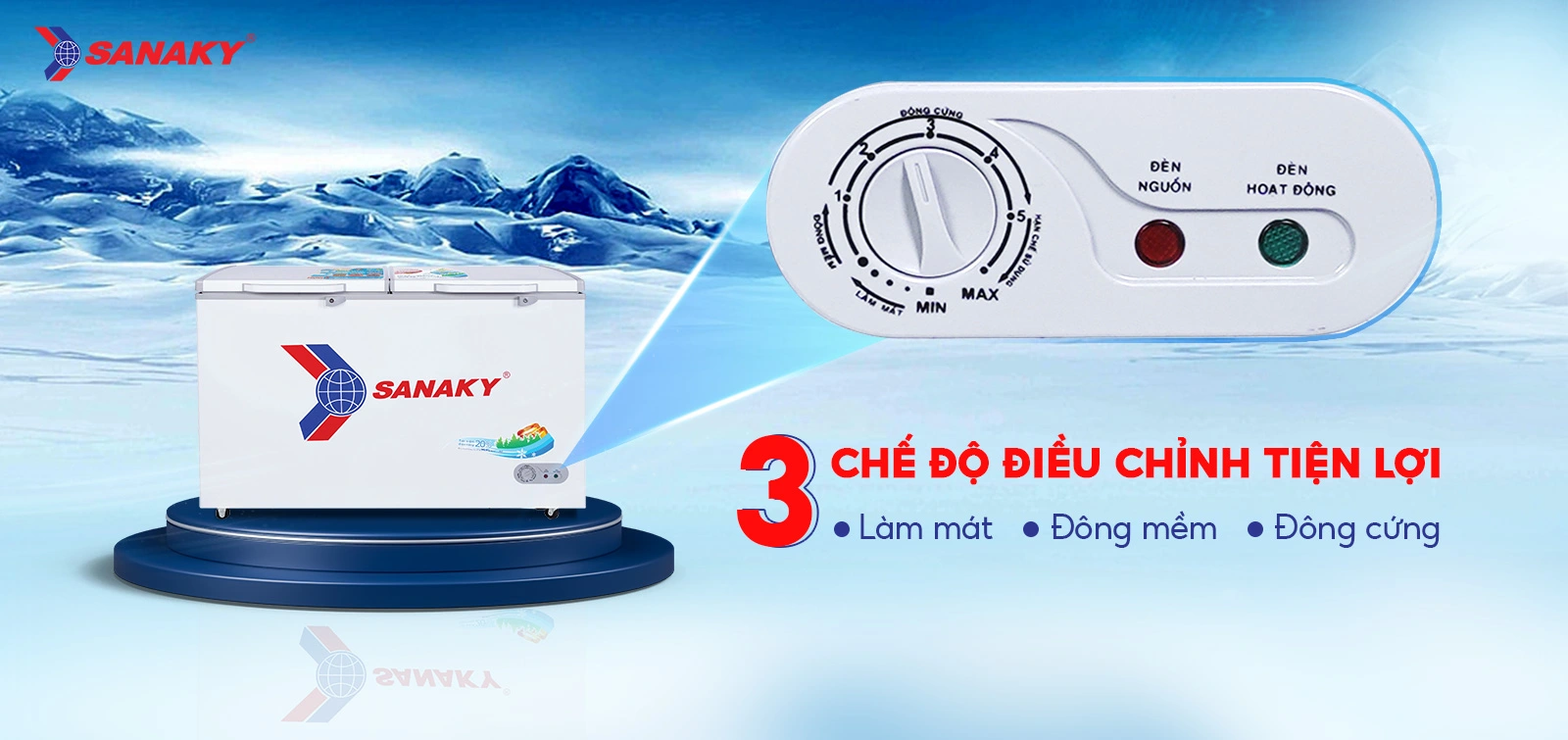 Bảng điều chỉnh 3 chế độ Mát - Đồng mềm - Đông cứng tiện lợi Bảng điều chỉnh 3 chế độ Mát - Đồng mềm - Đông cứng trên Tủ đông 410 lít Sanaky VH-5699HY