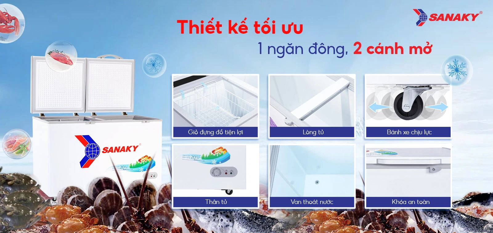 Thiết kế tối ưu 1 ngăn đông 2 cánh mở Tủ đông 410 lít Sanaky VH-5699HY với thiết kế 1 ngăn đông 2 cánh mở