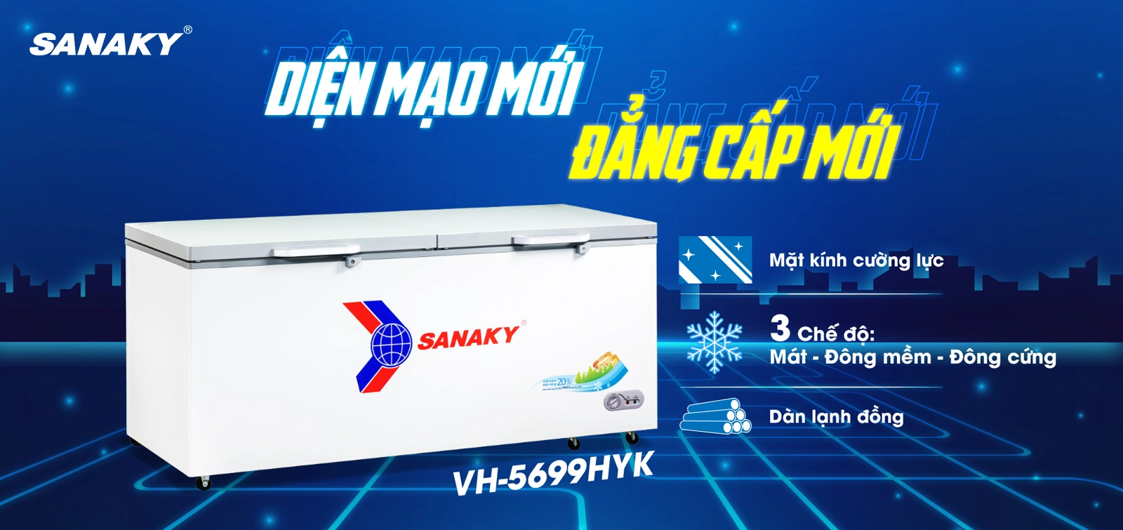 Tủ đông Sanaky VH-5699HYK Tủ đông 410 lít Sanaky VH-5699HYK với mặt kính cường lực và dàn lạnh đồng