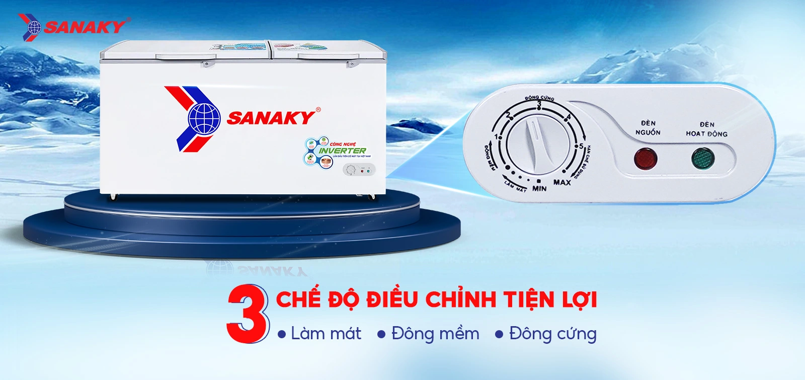 Bảng điều chỉnh 3 chế độ Mát - Đồng mềm - Đông cứng của Tủ đông 530 lít Sanaky Inverter VH-6699HY3