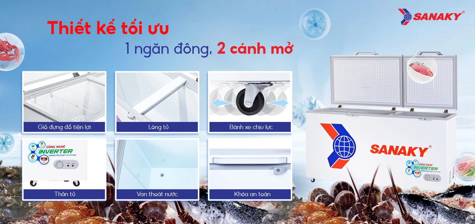 Tủ đông 530 lít Sanaky Inverter VH-6699HY3 thiết kế 1 ngăn đông 2 cánh mở