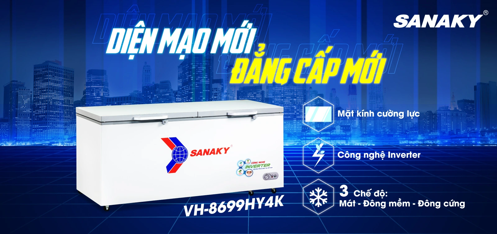 Tủ đông Sanaky VH-8699HY4K Tủ đông 761 lít Sanaky Inverter VH-8699HY4K có mặt kính cường lực và 3 chế độ Mát - Đông mềm - Đông cứng