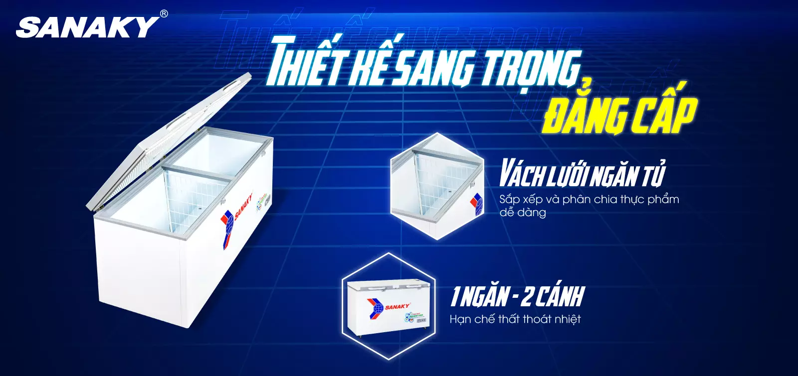 Dàn lạnh bằng đồng kết hợp công nghệ làm lạnh 360 độ Tủ đông 761 lít Sanaky Inverter VH-8699HY4K với thiết kế 1 ngăn 2 cánh và vách lưới ngăn tủ