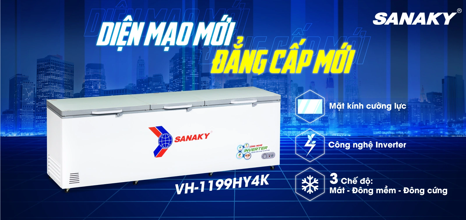 Tủ đông Sanaky VH-1199HY4K Tủ đông 900 lít Sanaky Inverter VH-1199HY4K với mặt kính cường lực và công nghệ Inverter