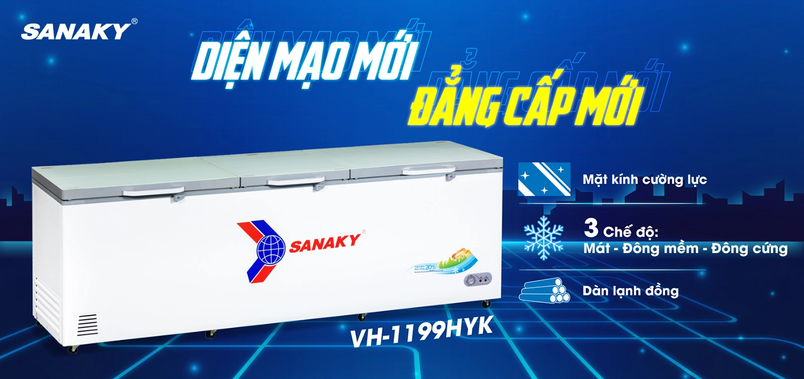 Tủ đông Sanaky VH-1199HYK Tủ đông 900 lít Sanaky VH-1199HYK với mặt kính cường lực và dàn lạnh bằng đồng