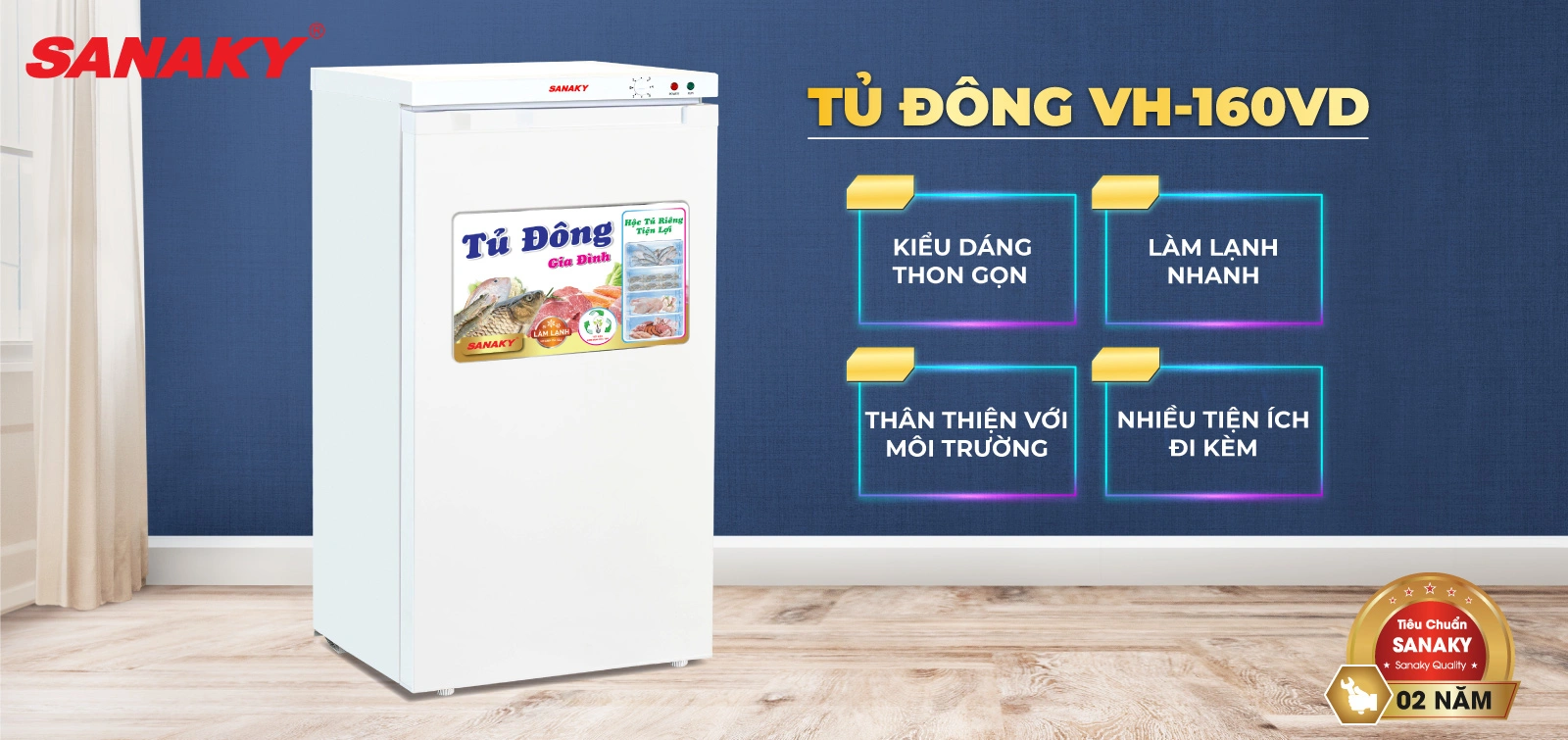 Tủ đông đứng 118 lít Sanaky VH-160VD với thiết kế thon gọn