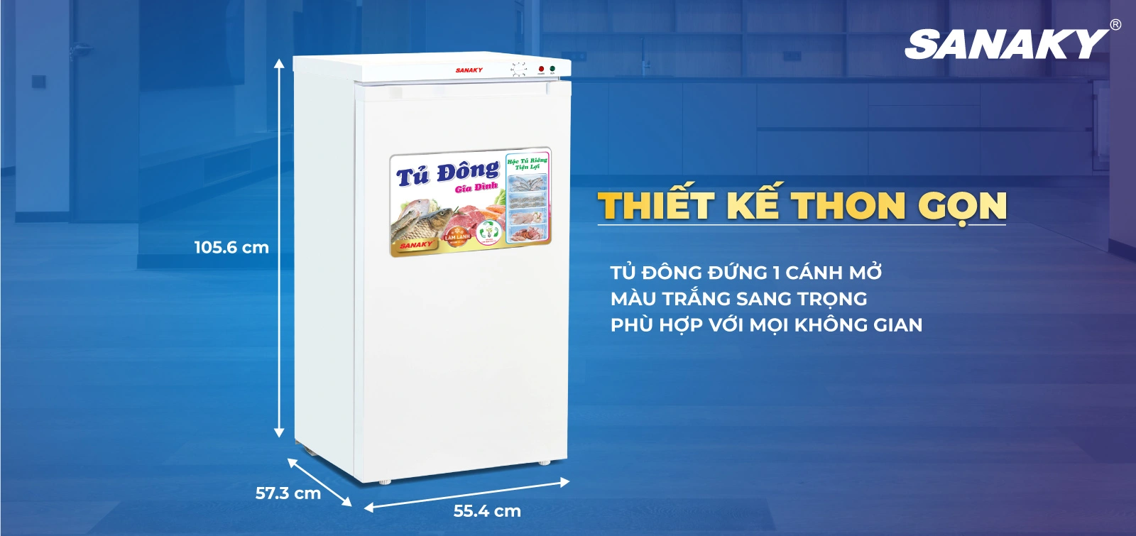 Tủ đông đứng 118 lít Sanaky VH-160VD thiết kế thon gọn với một cánh mở