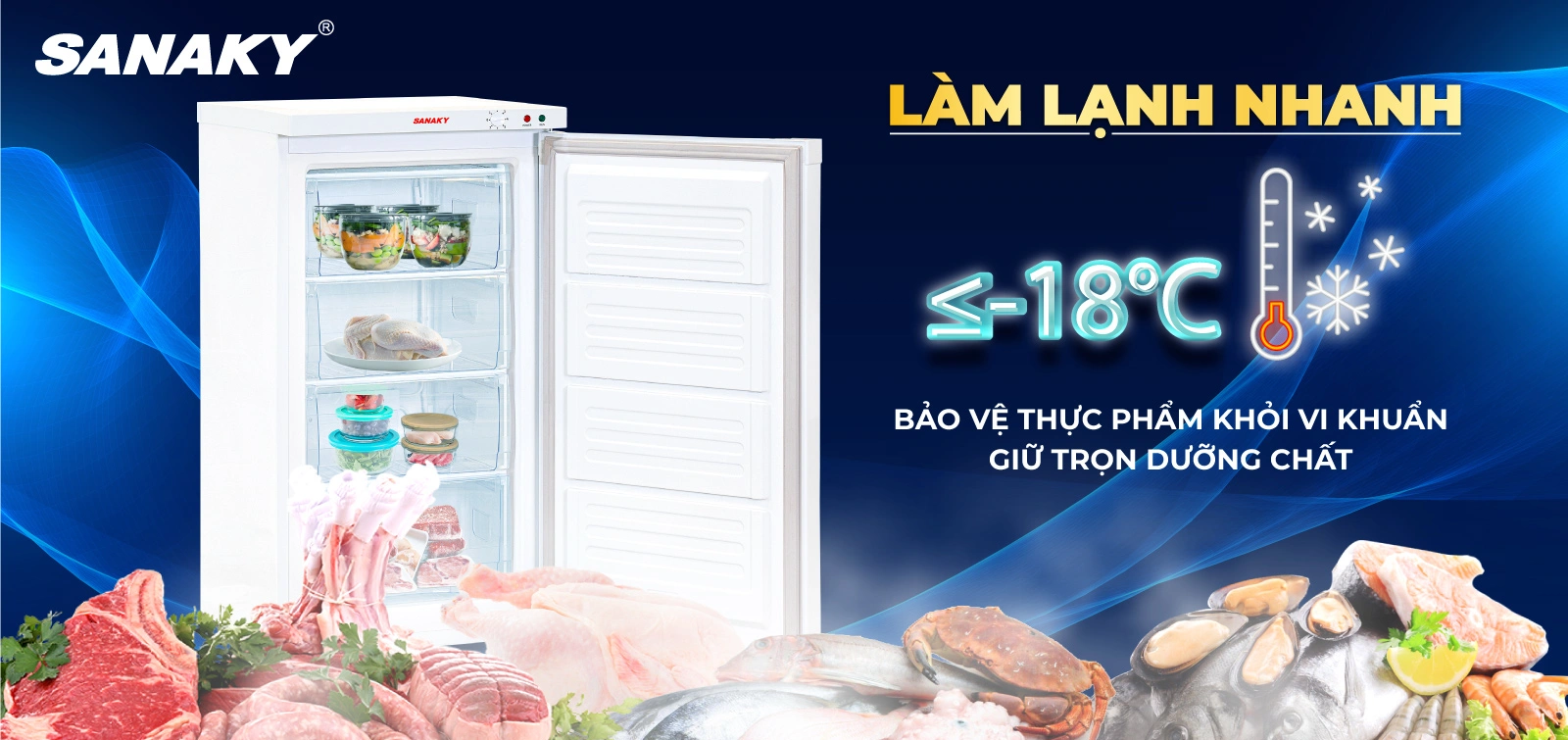 Tủ đông đứng 118 lít Sanaky VH-160VD làm lạnh nhanh ở nhiệt độ ≤-18°C