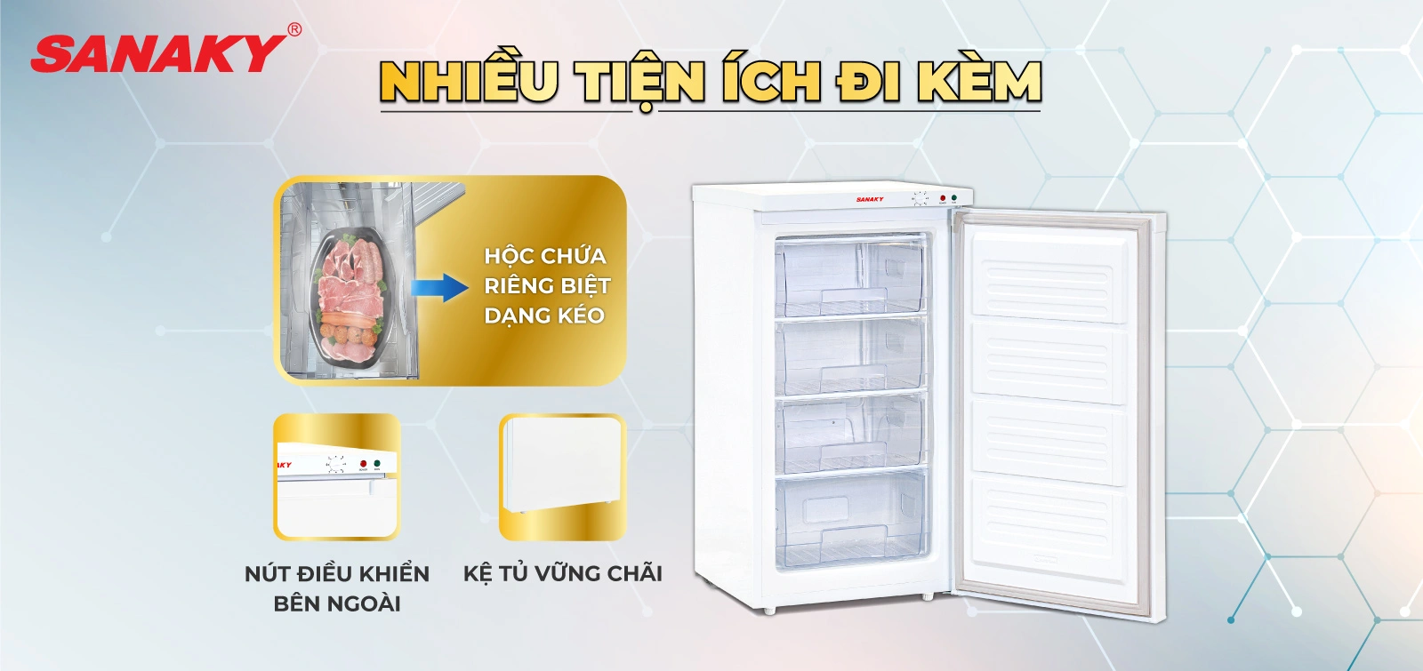 Tủ đông đứng 118 lít Sanaky VH-160VD với các tiện ích đi kèm