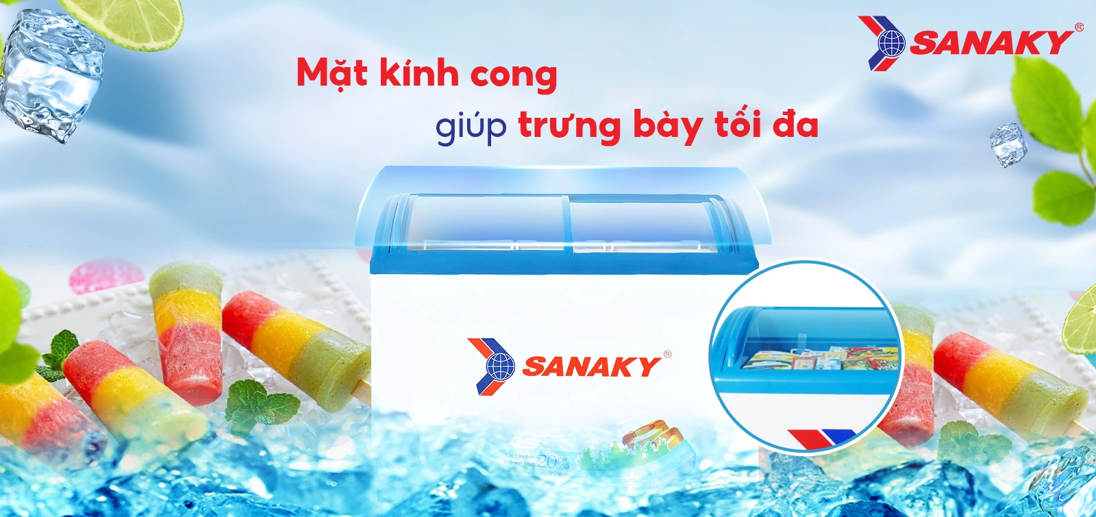 Mặt kính cong giúp trưng bày tối ưu Tủ đông kính cong 211 lít Sanaky VH-2899K với mặt kính cong hỗ trợ trưng bày sản phẩm
