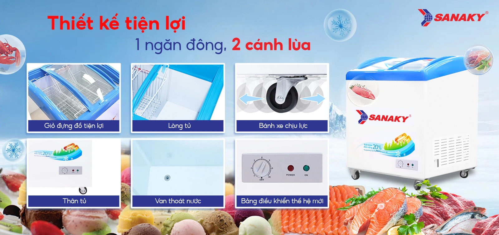 Dàn lạnh đồng kết hợp Công nghệ làm lạnh 360 độ Tủ đông kính cong 211 lít Sanaky VH-2899K với dàn lạnh đồng và công nghệ làm lạnh 360 độ