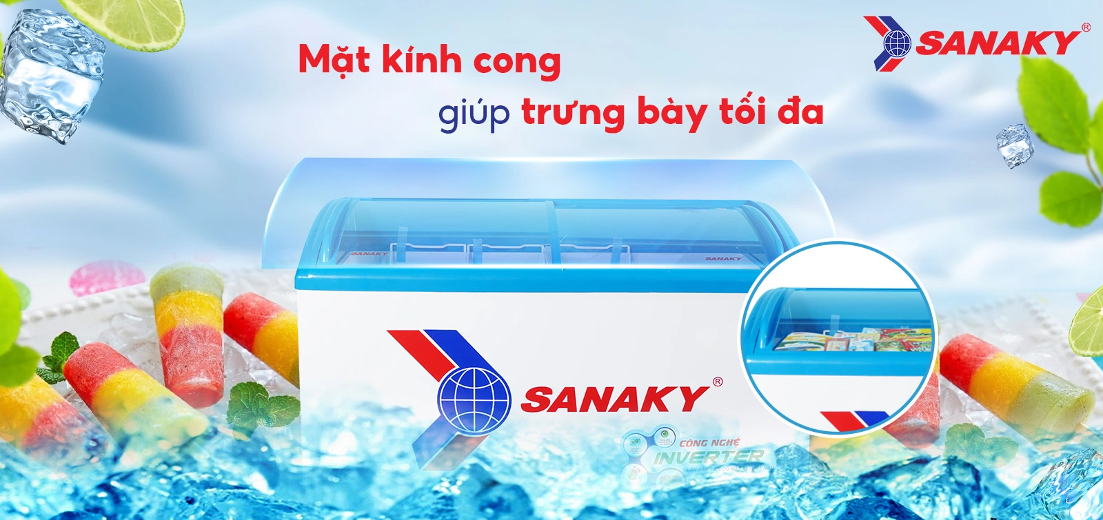 Mặt kính cong giúp trưng bày tối ưu Tủ đông kính cong 260 lít Sanaky Inverter VH-3899K3 với mặt kính cong giúp trưng bày tối ưu