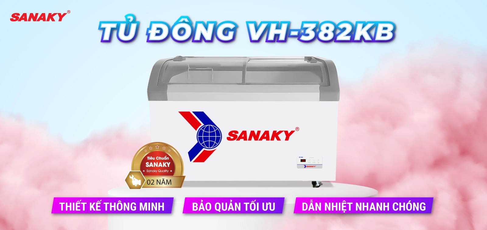 Tủ Đông Sanaky VH-382KB Tủ đông kính cong 280 lít Sanaky VH-382KB thiết kế mặt kính cong và cánh lùa