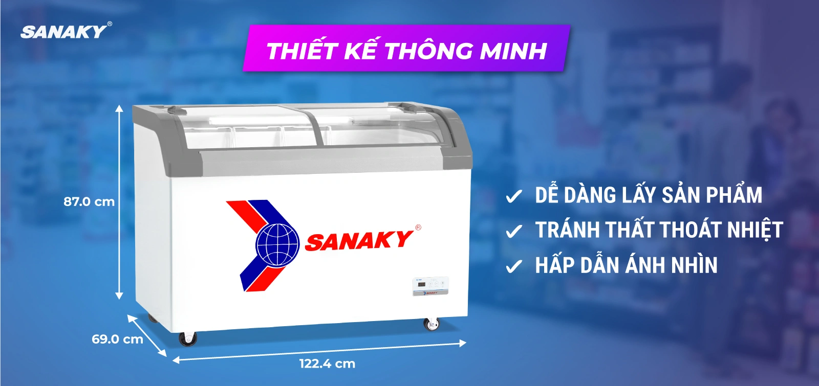 Mặt kính cong giúp trưng bày tối ưu Tủ đông kính cong 280 lít Sanaky VH-382KB với thiết kế thông minh và mặt kính cong trưng bày sản phẩm