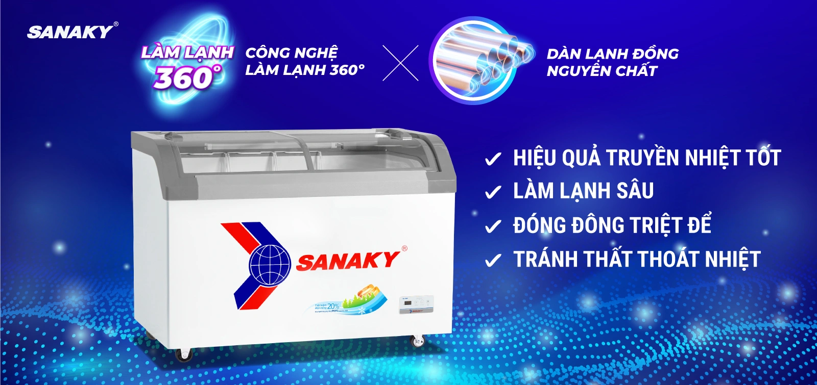 Tủ Đông Sanaky VH-3899KB có dàn lạnh được làm bằng ống đồng nguyên chất Tủ đông kính cong 280 lít Sanaky VH-3899KB với dàn lạnh đồng nguyên chất