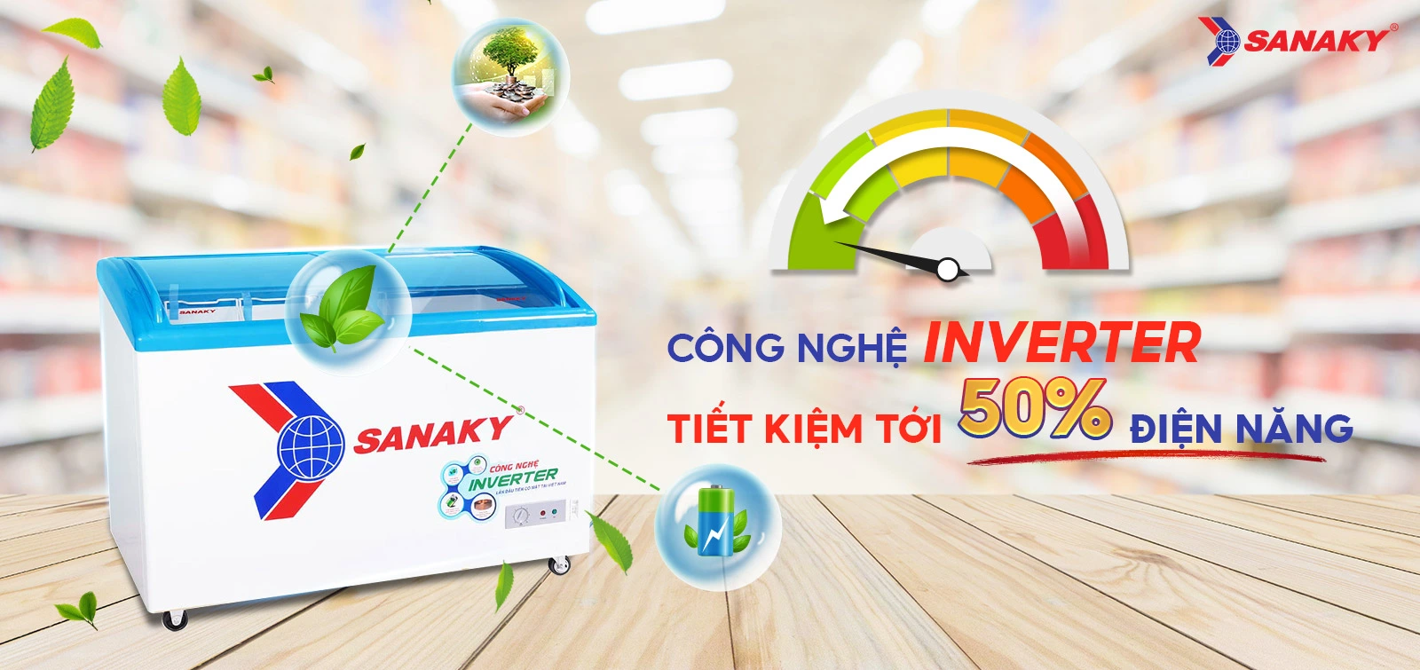 Công nghệ Inverter tiết kiệm tới 50% điện điện năng Tủ đông kính cong 324 lít Sanaky Inverter VH-4899K3 với công nghệ Inverter tiết kiệm điện