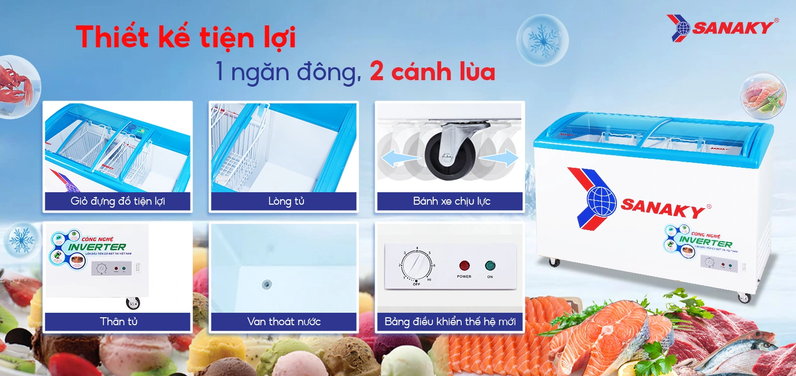 Thiết kế tiện lợi 1 ngăn đông 2 cánh lùa Tủ đông kính cong 324 lít Sanaky Inverter VH-4899K3 với thiết kế 1 ngăn đông 2 cánh lùa