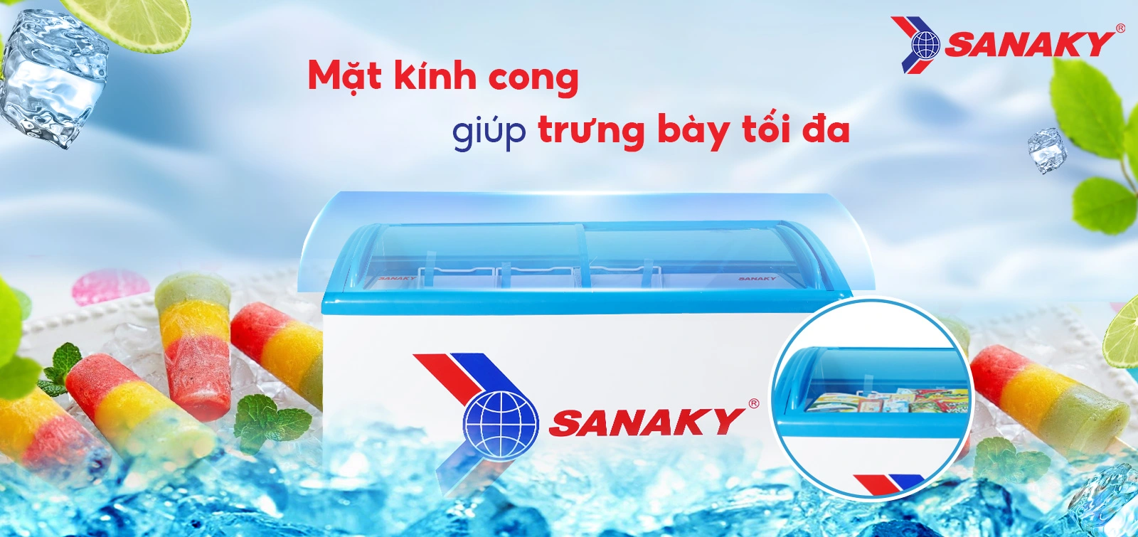 Mặt kính cong giúp trưng bày tối ưu Tủ đông kính cong 324 lít Sanaky VH-482K với mặt kính cong hỗ trợ trưng bày