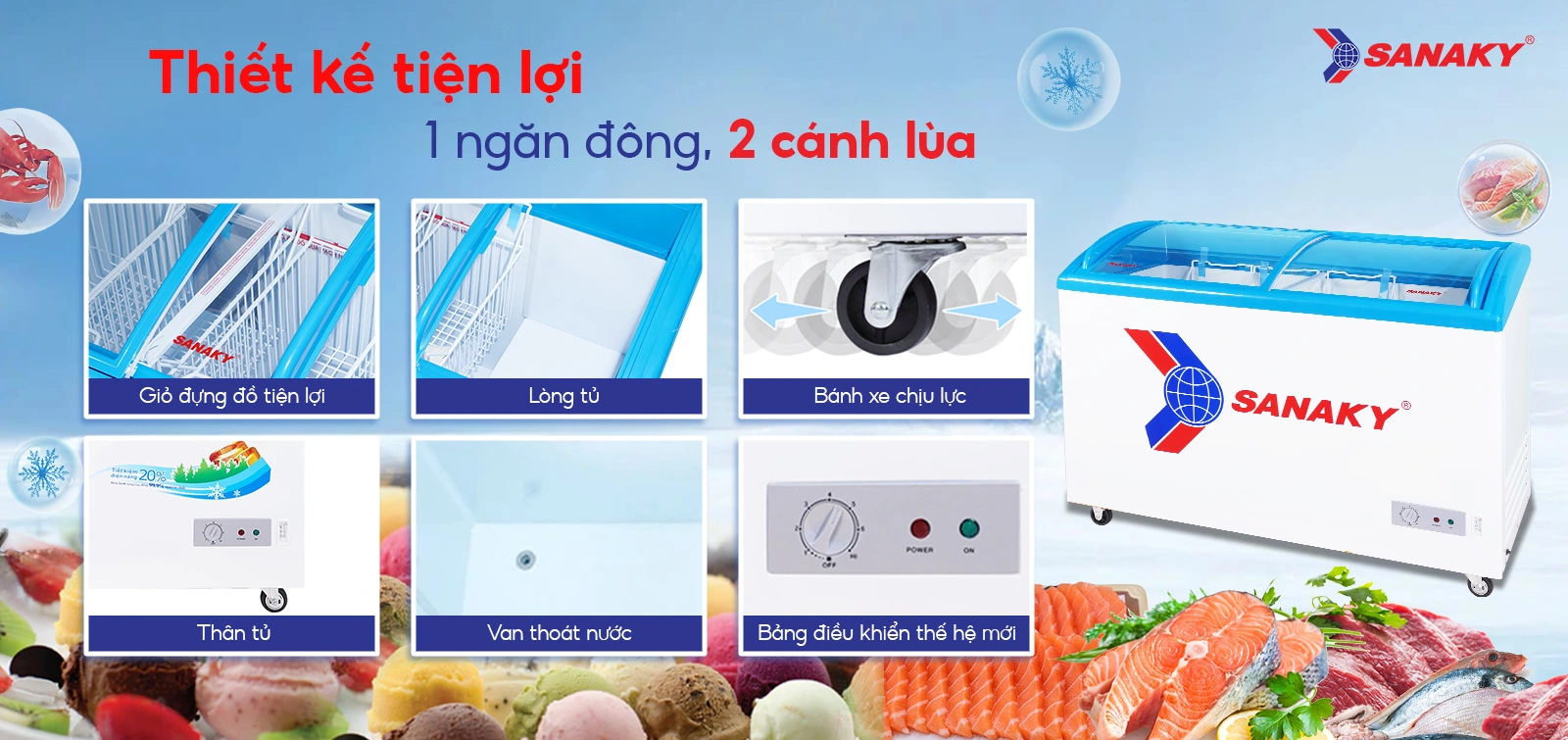 Thiết kế tiện lợi 1 ngăn đông 2 cánh lùa Tủ đông kính cong 324 lít Sanaky VH-482K với 1 ngăn đông, 2 cánh lùa, giỏ đựng đồ, bánh xe chịu lực, van thoát nước và bảng điều khiển